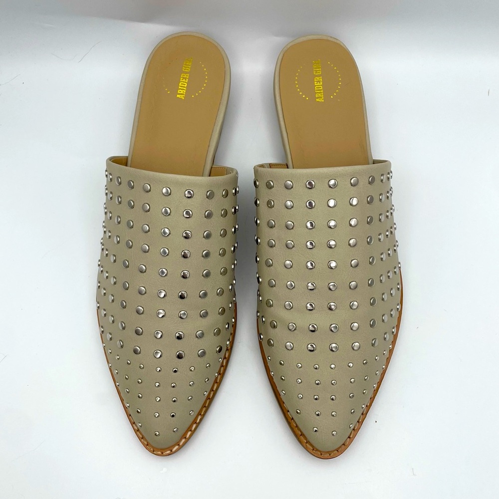 Studded Beige Leather Mule Slip-On - Picture 3 of 9